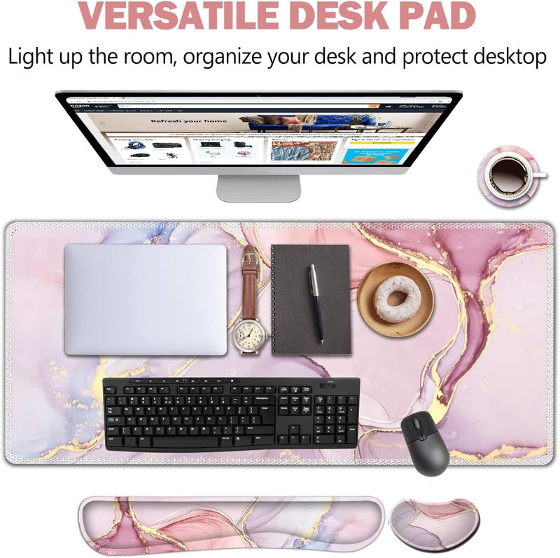 AIMSA Large Gaming Mouse Pad Set, Keyboard Wrist Rest Support Mouse Pad, Ergonomic Memory Foam Multifunctional Extended Desk Mat 35x15.7in Anti-Slip Rubber Base for Office Home, Pink Purple Marble - Image 2